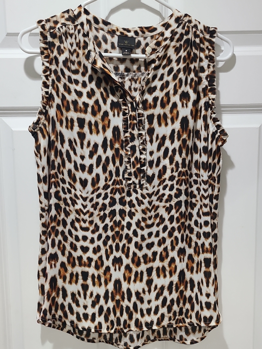 Worthington Leopard Animal Print Sleeveless Popover Blouse White Brown Camel SM